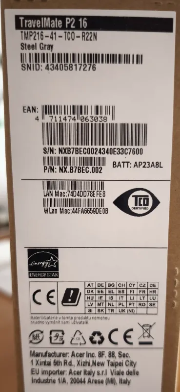 Notebook Acer TravelMate P2 16 - záruka, stáří jen 3 měsíce