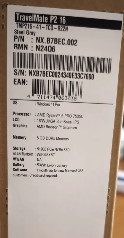 Notebook Acer TravelMate P2 16 - záruka, stáří jen 3 měsíce